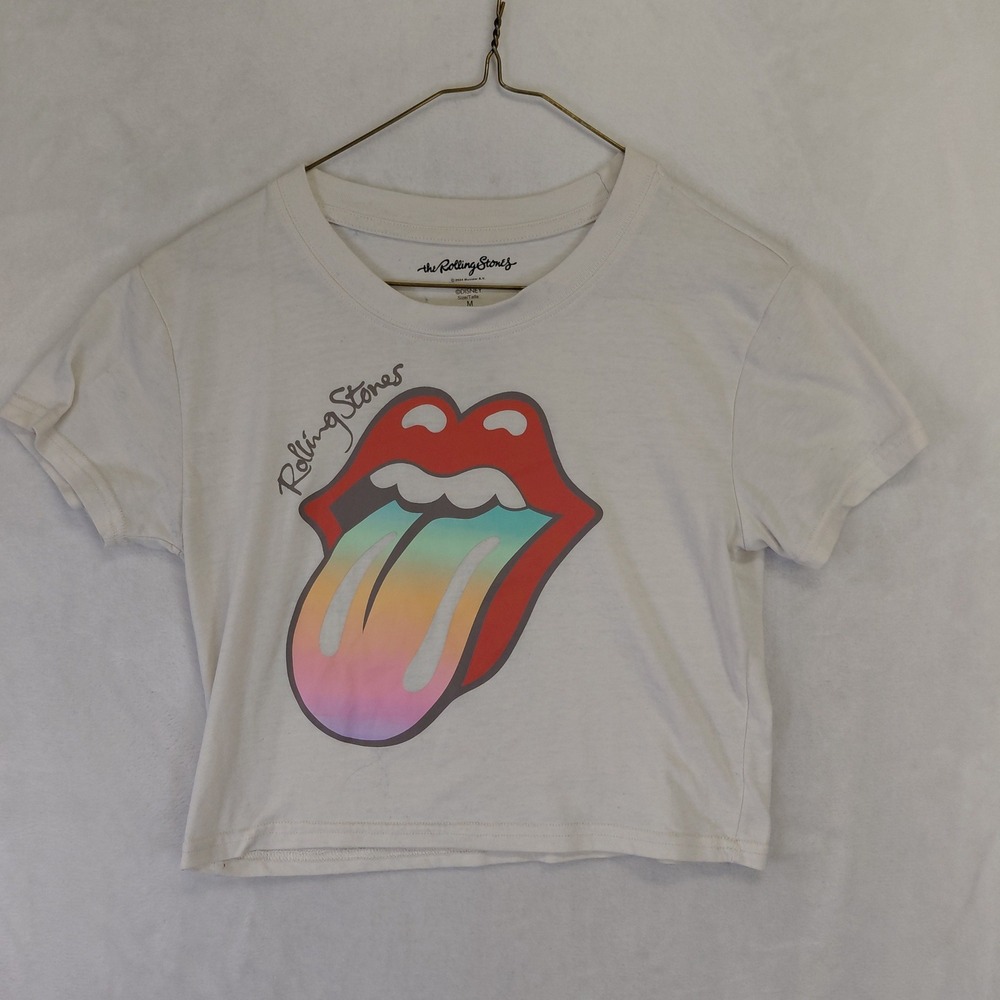 Rolling Stones Rainbow Tongue Graphic Crop Top Off-White Size M Disney Musidor